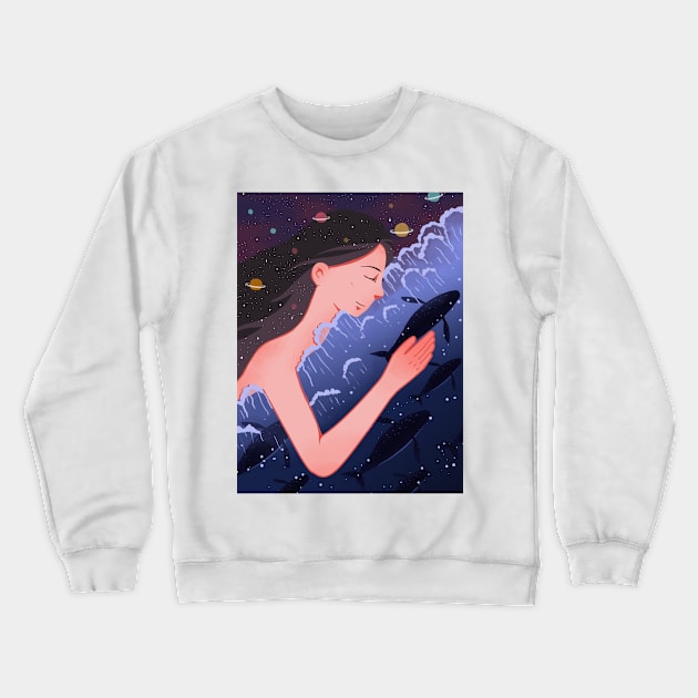 Healing girl space whale Crewneck Sweatshirt by Mako Design 